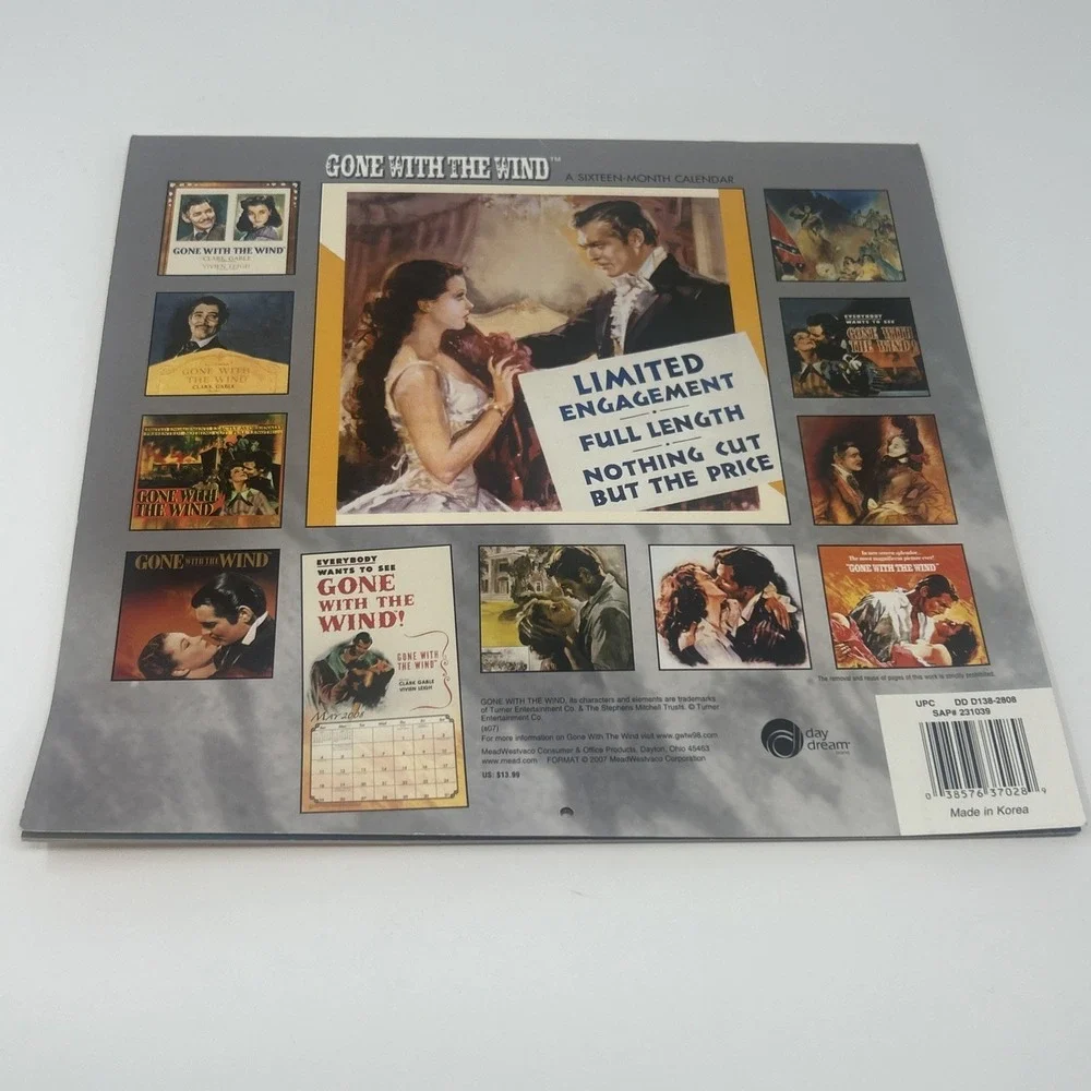 Gone With The Wind 16 Month 2008 Calendar Scarlett O'Hara & Rhett Butler